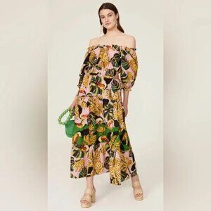 Farm Rio Toucananas Tiered Maxi Dress Spotted Bananas Tropical Ruffles